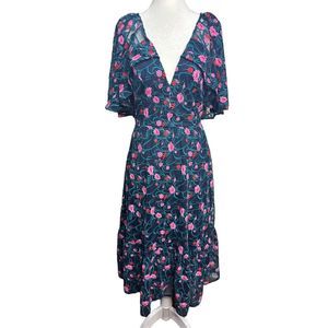 Dress the Population‎ Virginia Midi Dress Cape Sleeve Full Embroidery Blue Sz XS